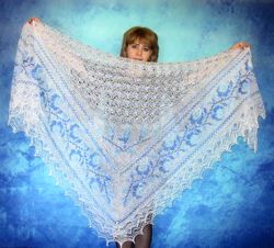 large white shawl with blue gzhel embroidery, russian wool wrap, hand knit orenburg cover up,warm wedding stole,kerchief