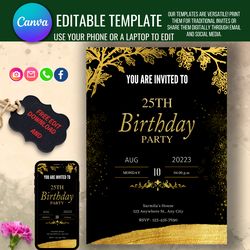 editable birthday invitation template - digital download, canva editable, printable 5x7 invitations