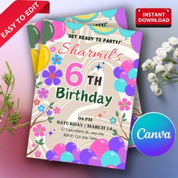 editable birthday invitation template - digital download, canva customizable, printable 5x7