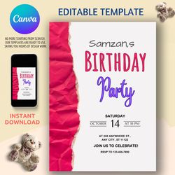 birthday invitation template - editable via canva, instant download, printable 5x7