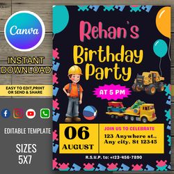 birthday invite template - canva editable, digital download, 5x7 printable format