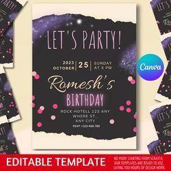 birthday invitation template - editable with canva, instant download, printable 5x7