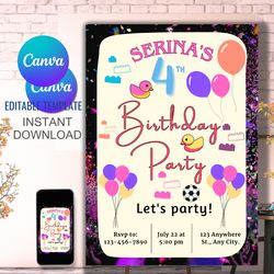 birthday invite template - customizable with canva, digital download, 5x7 printable