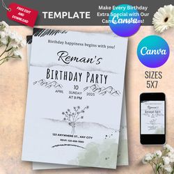 editable birthday invitation template - digital download, canva customizable, 5x7 printable