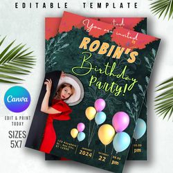 digital invitation template - birthday design, canva editable, 5x7 printable