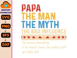 custom papa the man the myth the bad influence svg, retro papa svg, father's day svg, funny papa saying svg