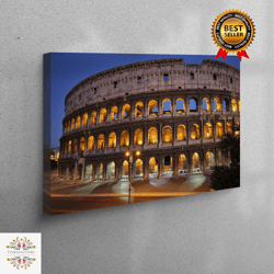 living room wall art, wall art, canvas print, rome colosseum printed, cityscape canvas print, travel canvas print, night