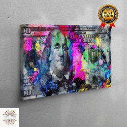 living room wall art, wall art, large canvas, colorful money 3d canvas, modern printed, 100 dollar canvas art, money wal