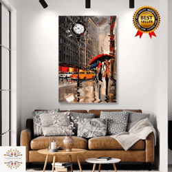 man with red umbrella rainy city landscape brush traces roll up canvas, stretched canvas art, framed wall art painting