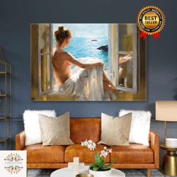 model in white dress sitting window seascape roll up canvas, stretched canvas art, framed wall art painting-1