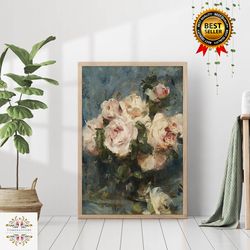 moody roses vintage flowers bouquet oil painting canvas print canvas frame wall art rustic still life country farmhouse