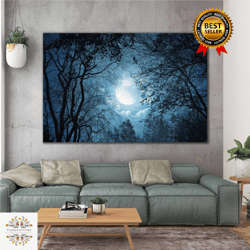 moon landscape in the forest night roll up canvas, stretched canvas art, framed wall art painting