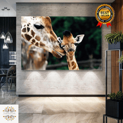 mother giraffe kissing cute giraffe forest roll up canvas, stretched canvas art, framed wall art painting