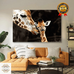 mother kissing cute giraffe giraffe cute animal roll up canvas, stretched canvas art, framed wall art painting