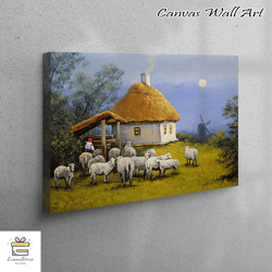 large canvas, 3d wall art, canvas decor, village landscape, oil painting print, village 3d canvas, animal landscape art