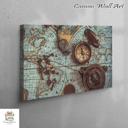 large canvas, wall art canvas, large wall art, compass canvas gift, vintage map artwork, antique world map canvas gift,