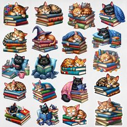 library cat clipart ,bookworm cat illustrations ,digital prints ,svg.