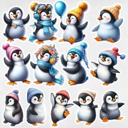 penguin stickers, arctic animals watercolor stickers, scrapbooking stickers, crafting stickers, svg.