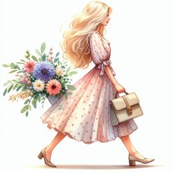 girl in floral dress clipart, high quality transparent sticker, floral butterflies, instant digital, svg