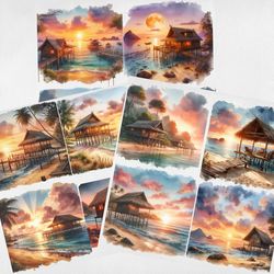 hot summer beach with sunset digital clipart,printable watercolor landscape sticker ,instant download,svg