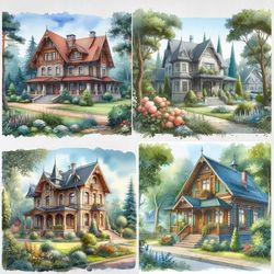 serene summer forest hut clipart collection, watercolor secret vacation spot, instant download, svg