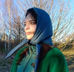 warm hood kerchief. winter hood scarf. waterproof, quilted hood. detachable puffy hooded. winter hat shawl. blue hood.