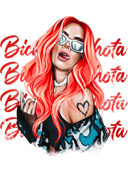 new look karol g with red hair illustration with bichota words on the background