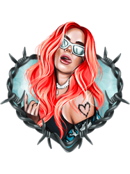 new look karol g with red hair in the wire heart with bichota word (1)