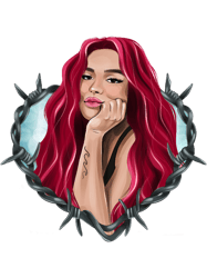 new look karol g with red hair in the wire heart with bichota word(1)