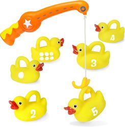 bathtub toys fishing game - 1 toy fishing pole and 6 rubber ducks - teaches numbers & shapes - great learning bath toy f