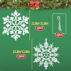 6 pack large white snowflakes ornaments, 12 plastic glitter snowflake decorations hanging ornaments for winter christmas