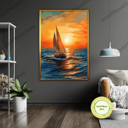 coastal boat in the ocean canvas, ready to hang seascape art, framed wall hanging