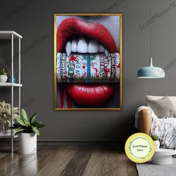dollars lip art canvas, lips wall decor, modern art, dollars lips gift, lips home decor