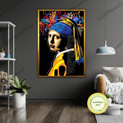 girl with a pearl earring graffiti art canvas, street art wall decor, urban pop art, contemporary art, art lover gift