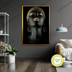 gold accessory art canvas print, black woman wall decor, ready to hang, framed african american art