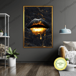 gold plated sexy lip art canvas print, ready to hang, framed wall decor, contemporary art