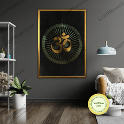 golden om hindu symbol art canvas print, ready to hang, framed meditation wall decor