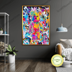 graffiti bear art canvas print, street art decor, urban wall art, ready to hang, framed canvas