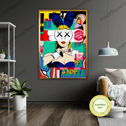 graffiti bunny girl canvas, abstract street art dcor, urban wall painting, modern rabbit print, colorful artwork