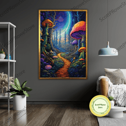 mushroom world art canvas print, ready to hang, framed canvas, nature wall decor