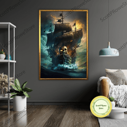 pirate ship canvas print, nautical wall art, ready to hang, framed canvas, ocean decor