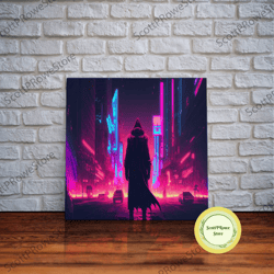 cyberpunk city skyline superimposed over a sunset, synthwave style dystopian art, framed canvas print