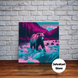 grizzly bear crossing a river, vaporwave style animal print art, framed canvas print