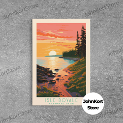 isle royale national park travel poster art, canvas print wall art, michigan travel art, midcentury modern travel decor,