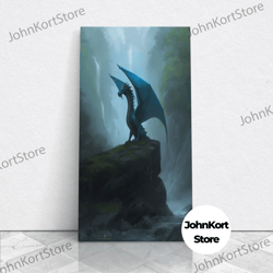 majestic forest dragon wall art, framed canvas print, dragon fantasy painting, forest dragon behind secret waterfalls ab