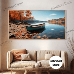 pacific northwest photography print, beautiful lake with canoe in the fall, framed canvas print, photography decor, fall