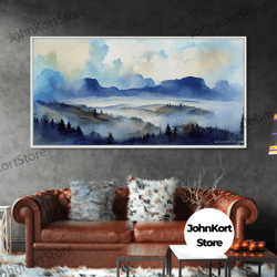 panoramic blue mountain valley watercolour art canvas print, misty rolling hills watercolor landscape painting extra lar