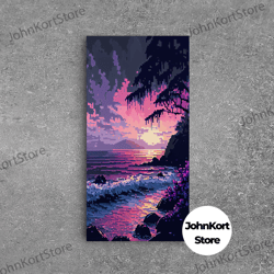 pink sunset, vaporwave aesthetic pixel art beach sunset, framed canvas print