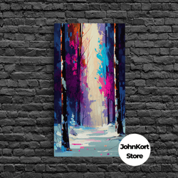 pop art winter scene, framed canvas print, landscape painting, framed art, graffiti art, calming landscape painting