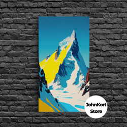 retro mount everest landscape art, framed canvas print, retro style painting, snow capped peaks, orange landscape, minim